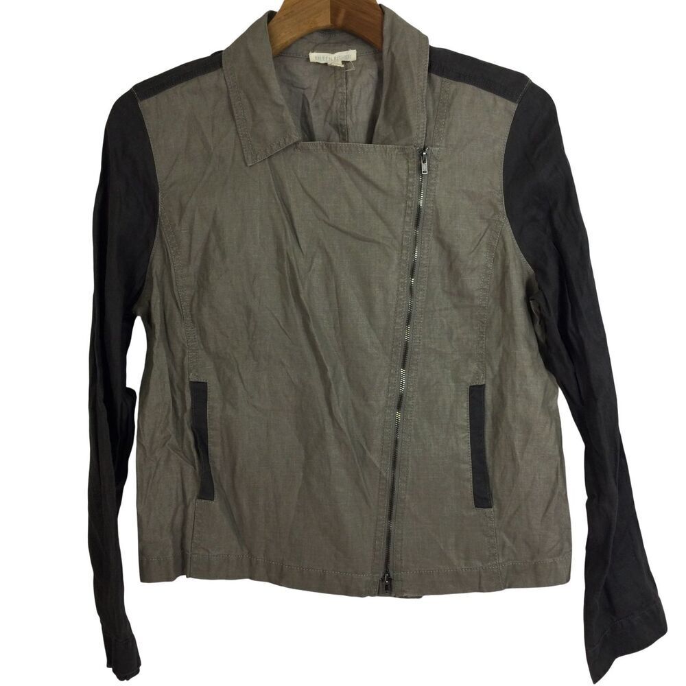 Eileen Fisher Womens Organic Linen Asymmetrical Moto Jacket Taupe Black Large
